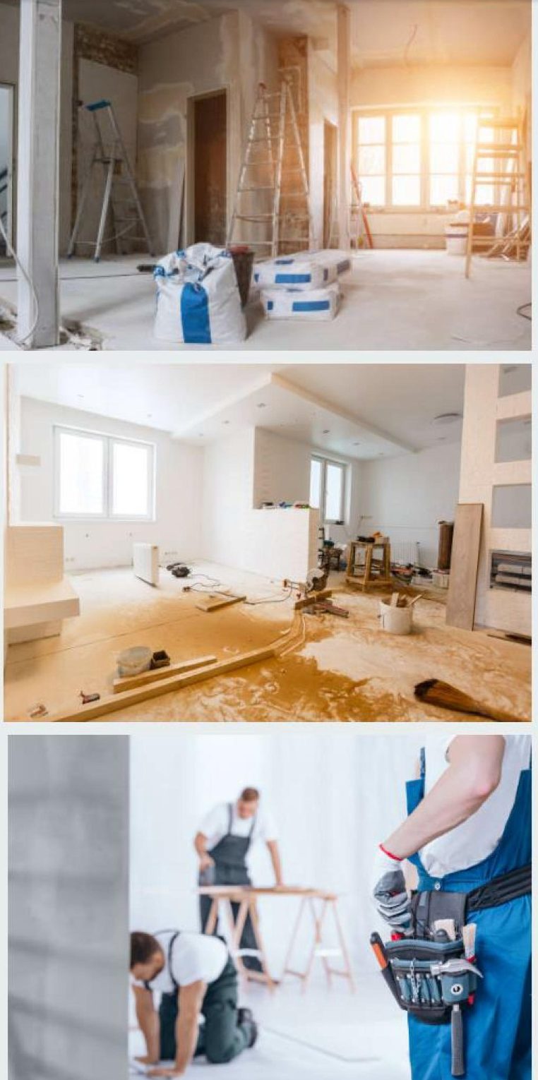 KITAROLL-BATIMENT NOUS RENOVONS Travaux de rénovation intérieure avec outils et matériaux dans une pièce lumineuse.